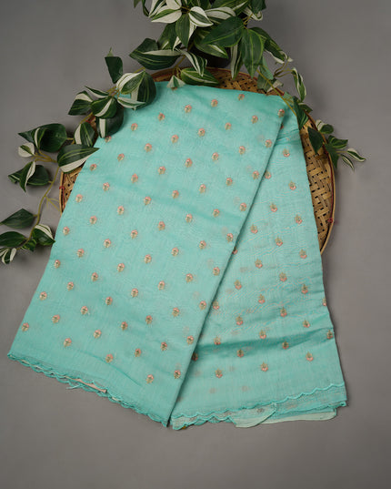 Mul Chanderi With Thread Embroidery Buttis and Scallop Border - Sea Green