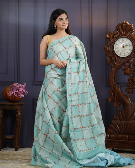 Kota Silk Saree with Floral Print and Knot Work- Light Blue