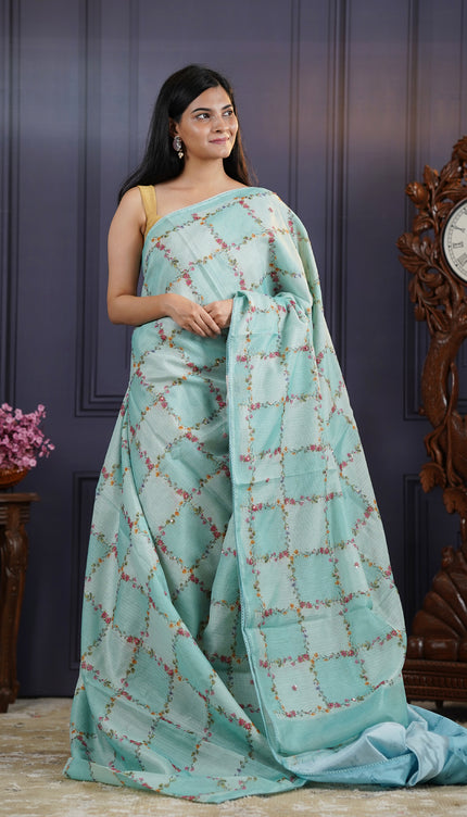 Kota Silk Saree with Floral Print and Knot Work- Light Blue