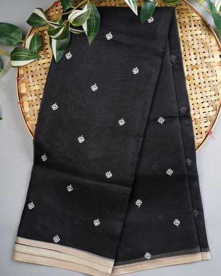 Silk Kota Saree With Allover Silver Zari Butties And Gold Border - Black