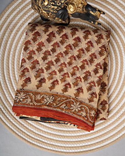 Kota cotton saree with block print and contrast border -Beige
