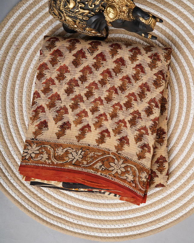Kota cotton saree with block print and contrast border -Beige