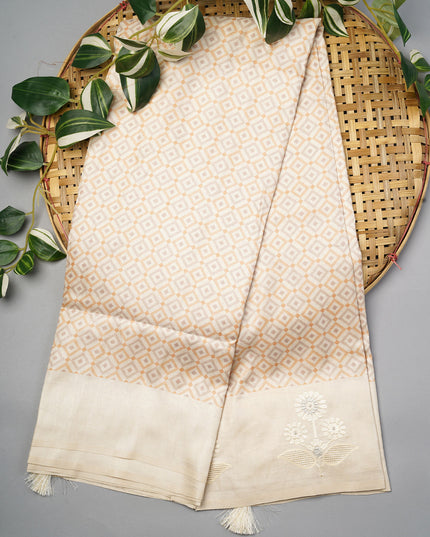 Semi Tusser Silk Saree With Contrast Border And Thread Embroidery Butties -  Beige Mustard
