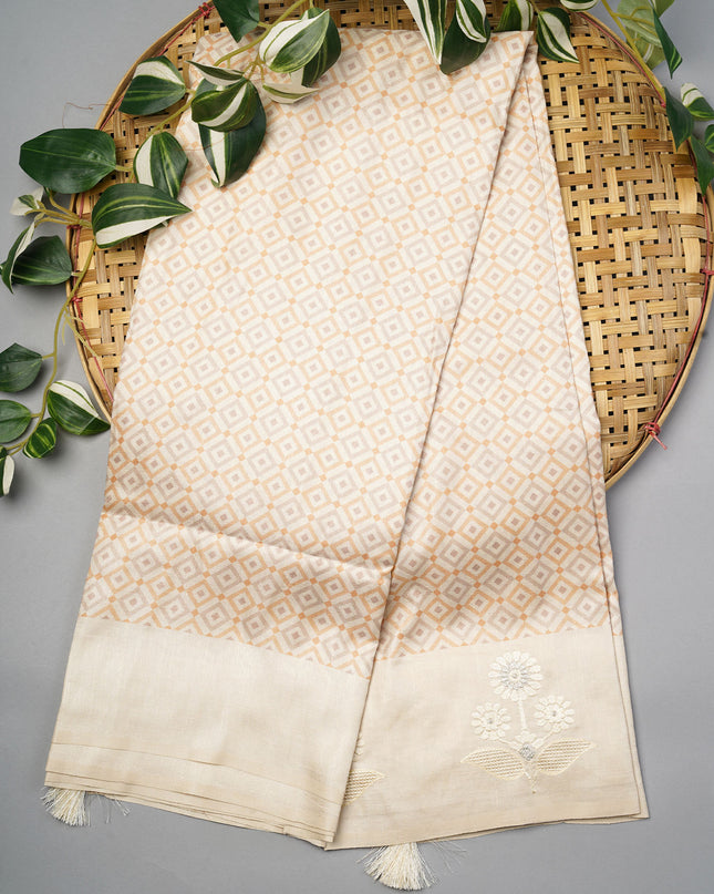 Semi Tusser Silk Saree With Contrast Border And Thread Embroidery Butties -  Beige Mustard