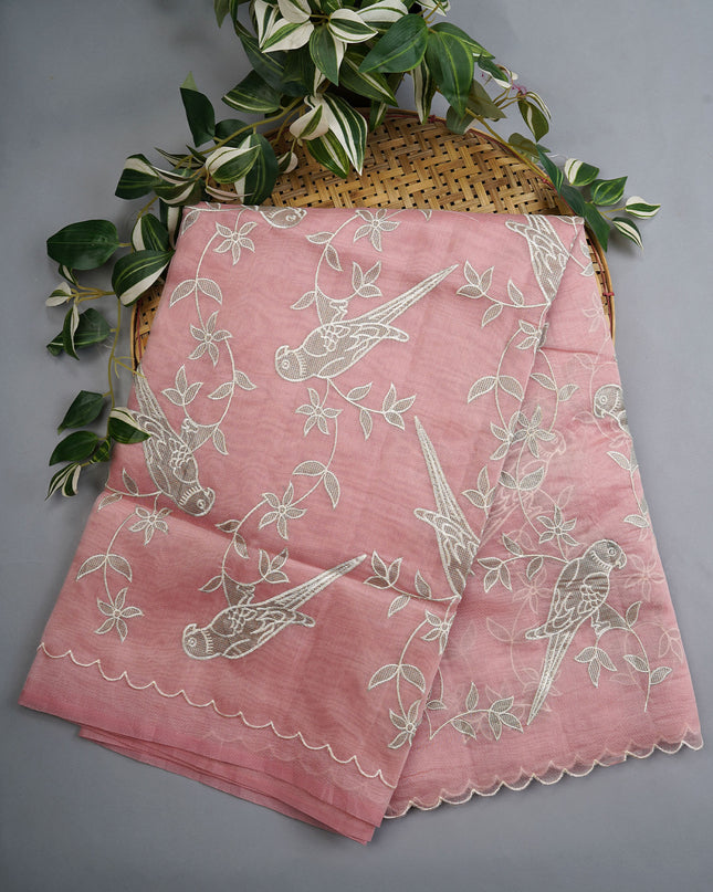 Linen Tissue Saree With Applique Work And Scallop Border - Baby Pink