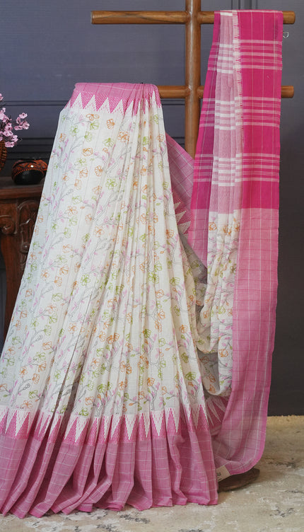Mangalagiri cotton foral print contrast Border - Cream & Pink