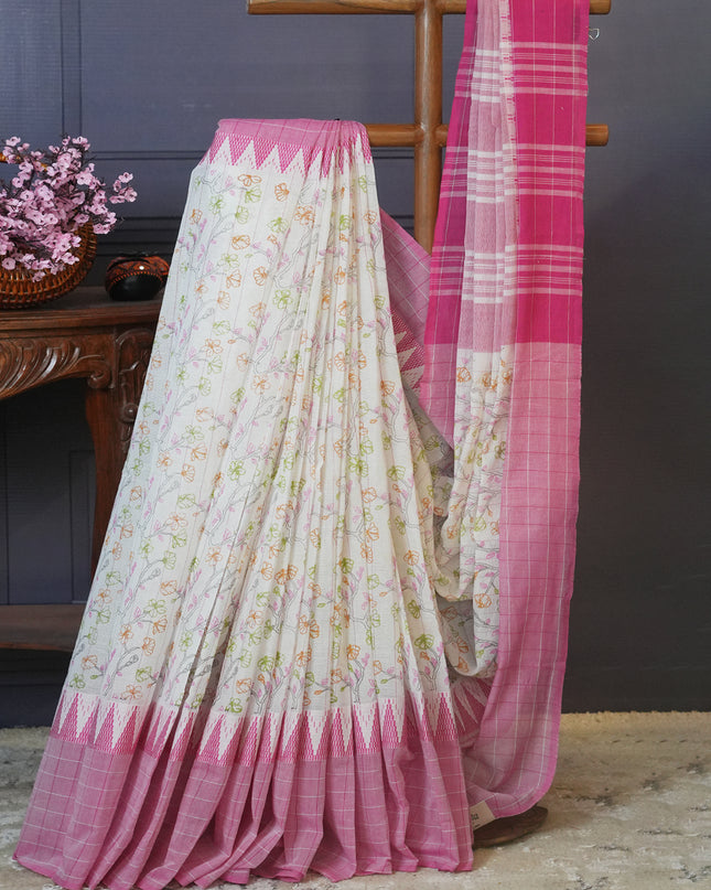 Mangalagiri cotton foral print contrast Border - Cream & Pink