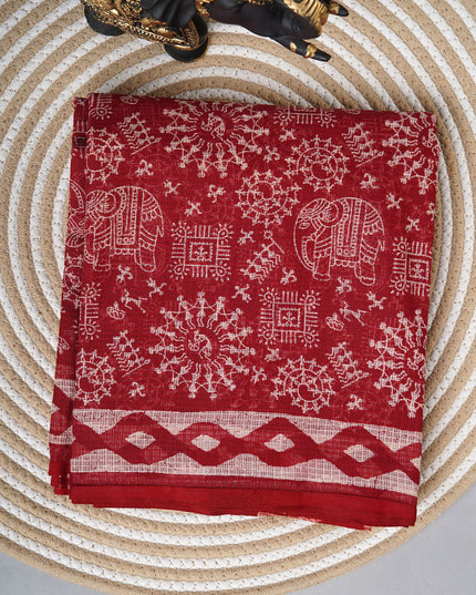 Kota cotton saree with warli print - Maroon Red