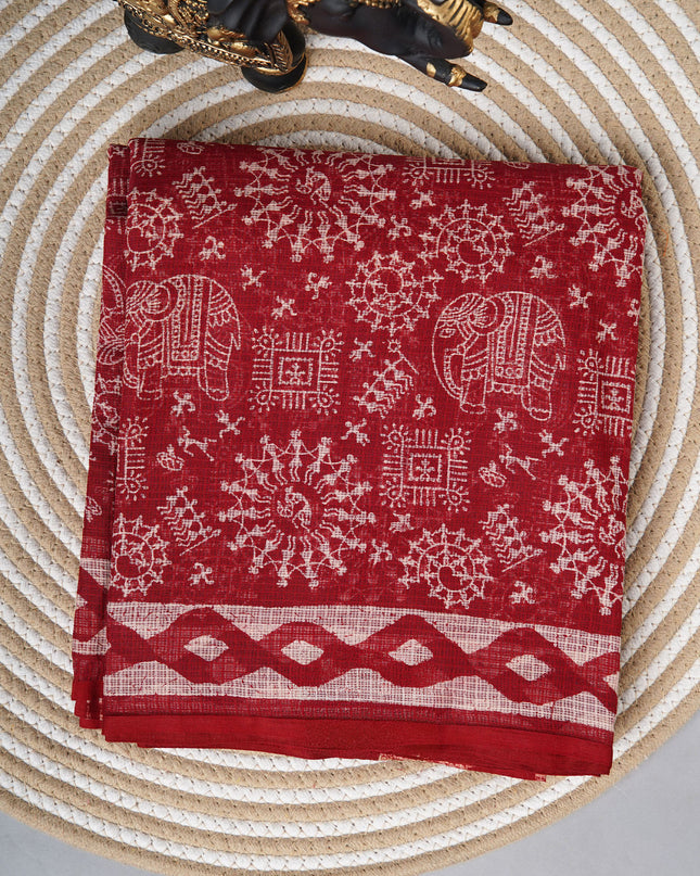 Kota cotton saree with warli print - Maroon Red