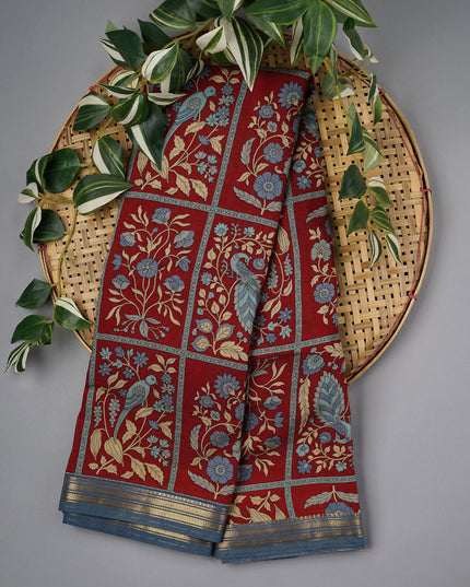 Chanderi Silk Floral Print With Contrast Border - Maroon