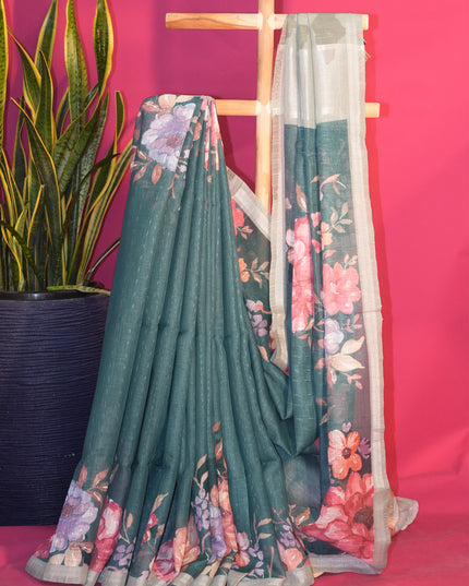 Linen silk saree floral Print contrast Border - Green
