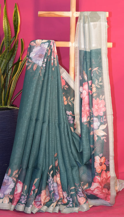 Linen silk saree floral Print contrast Border - Green