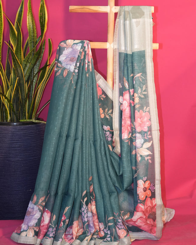 Linen silk saree floral Print contrast Border - Green