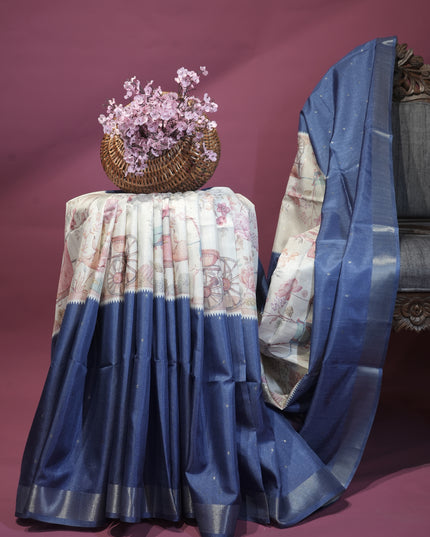 Tussar silk saree with digital print zari border - Royal Blue