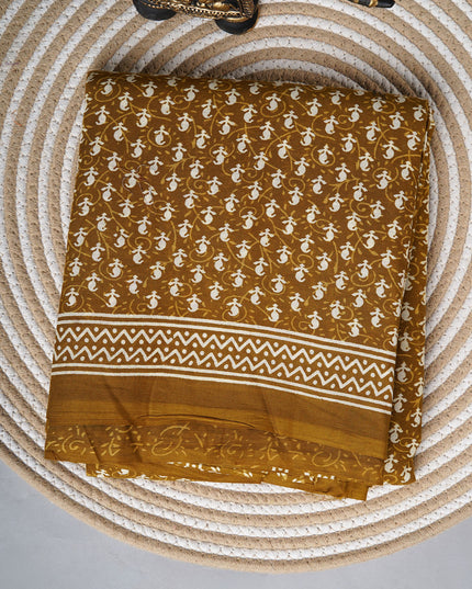 Mul Cotton Saree with  Block Printed - Mustered Yellow