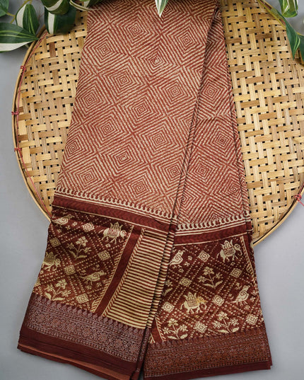 Chanderi Silk Allover Print with Antique Zari Border - Brown