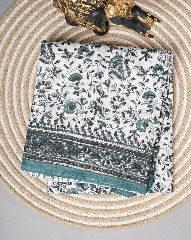 Mul cotton saree with floral print and contrast border - White