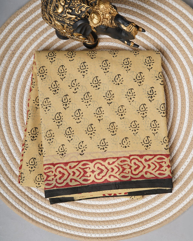 Mul Cotton Saree with  Block Printed and conratst border - Mastered Yellow