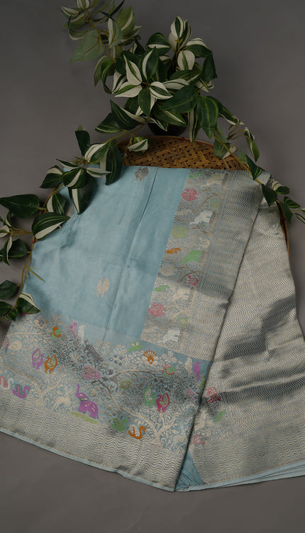 Banaras Silk Silver Butti Meenakari Border with Silver Zari - Blue