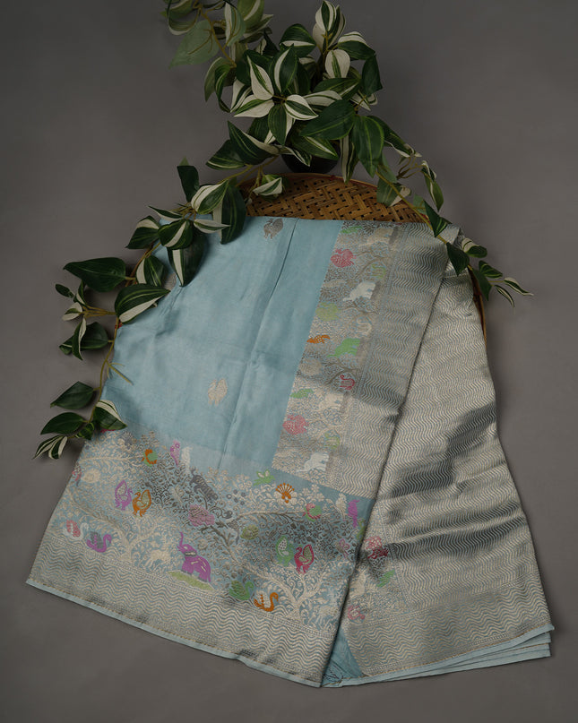 Banaras Silk Silver Butti Meenakari Border with Silver Zari - Blue