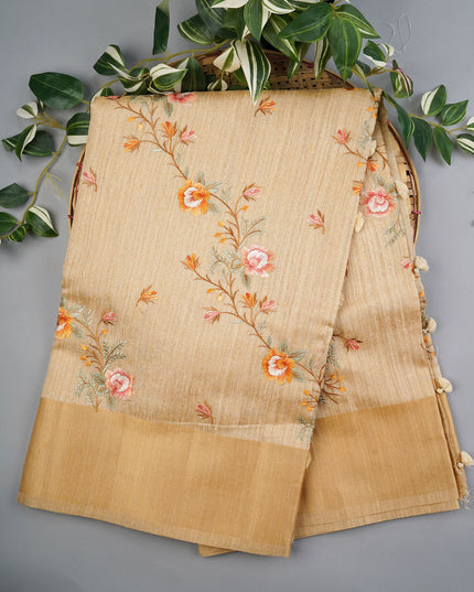 Jute Tusser Silk Saree With thread Embroidery Work And Satin Border - Tan