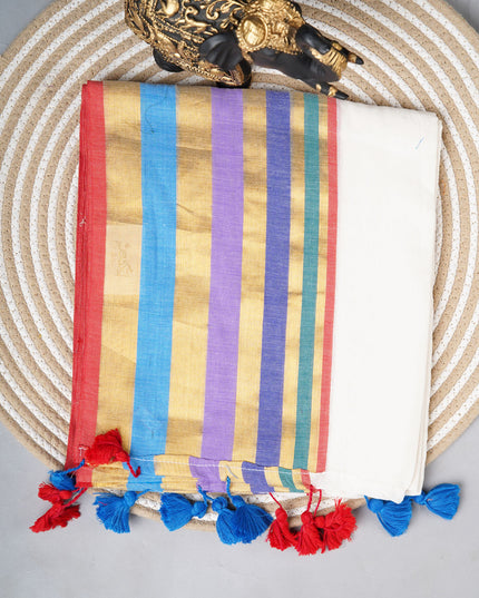 Mul Cotton Sarees with multi-colored striped border - White