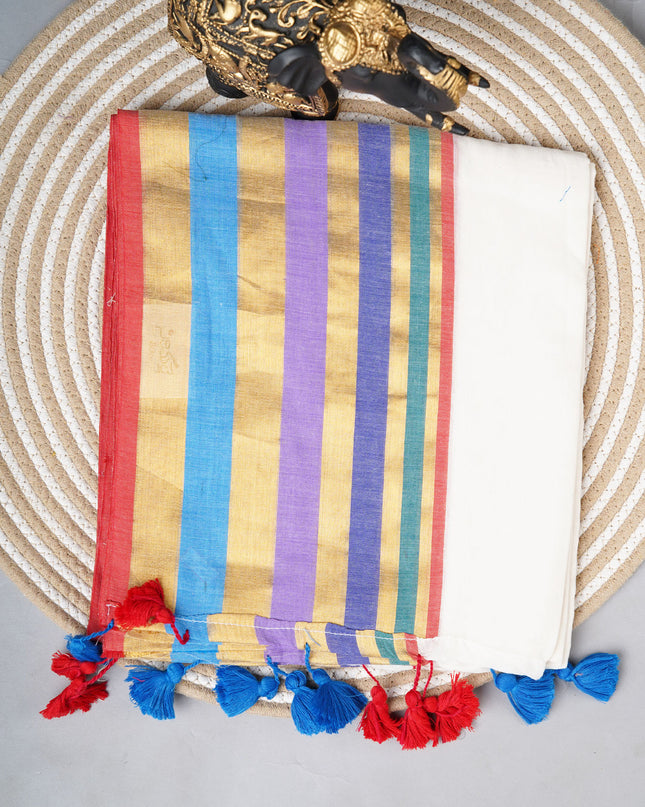Mul Cotton Sarees with multi-colored striped border - White