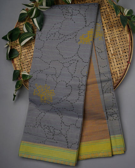 Cotton Printed Saree With Thread Weaving  Border - Grey