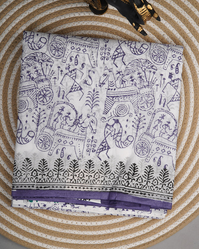 Mul cotton saree with Warli print - White
