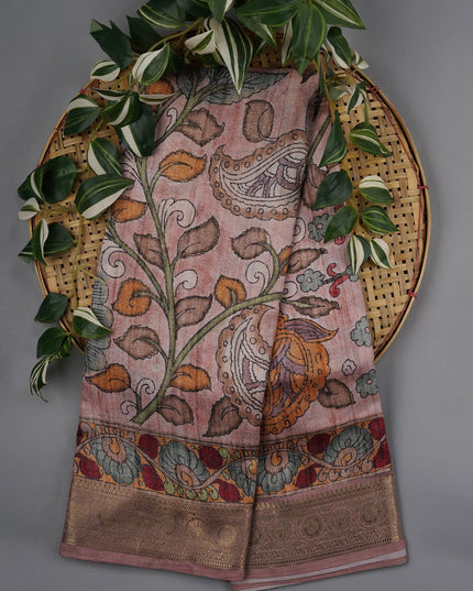 Tusser Saree Kalamkari With Kanchi Border - Onion Pink