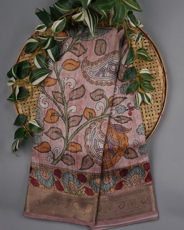 Tusser Saree Kalamkari With Kanchi Border - Onion Pink