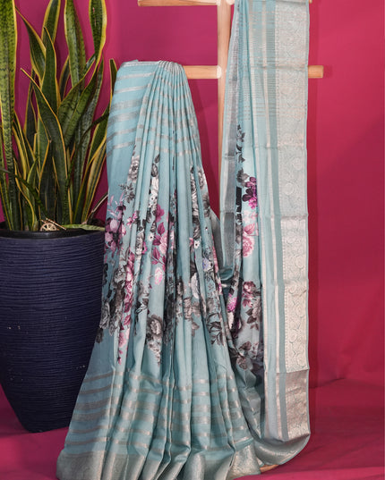 Munga silk Saree with Centre print horizontal Zari lines - Sage Green