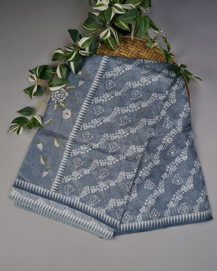 Silk Kota Lehariya Design With Mirror Work - Grey