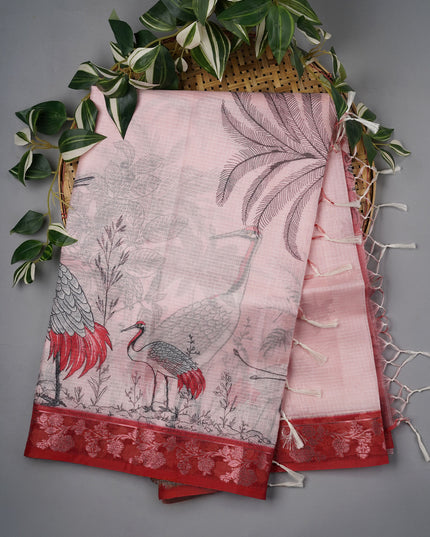 Kota Silk Saree With Digital Print And Contrast Border - Light Pink