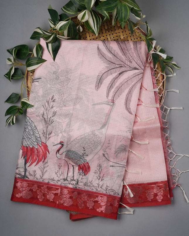 Kota Silk Saree With Digital Print And Contrast Border - Light Pink