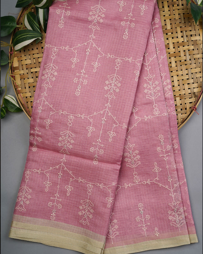 Silk Kota Saree With Allover Thread Work - Onion Pink