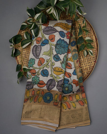 Tusser Saree Kalamkari With Kanchi Border - P Green