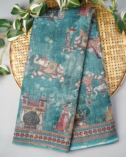 Silk Kota Saree With Digital Print And Gold Weaving Butties - Bottle Green