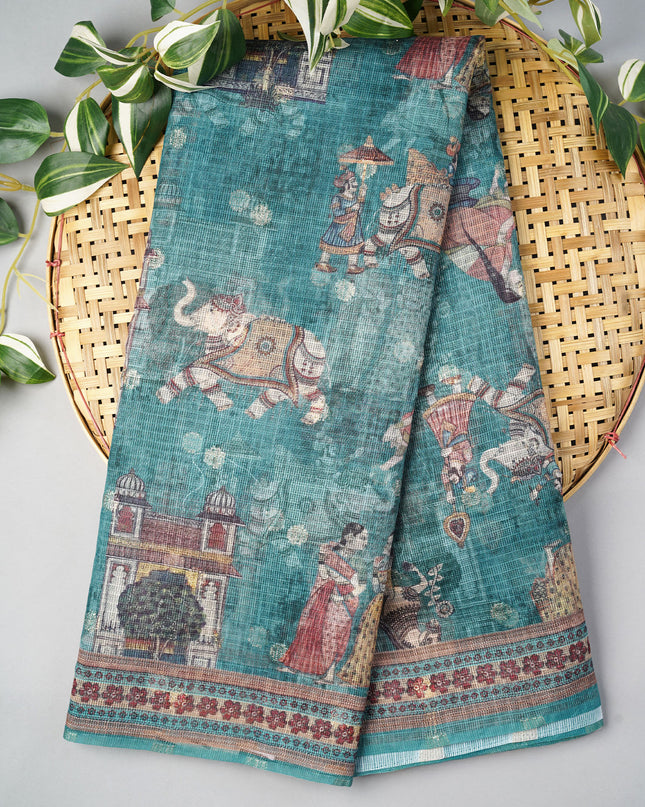 Silk Kota Saree With Digital Print And Gold Weaving Butties - Bottle Green