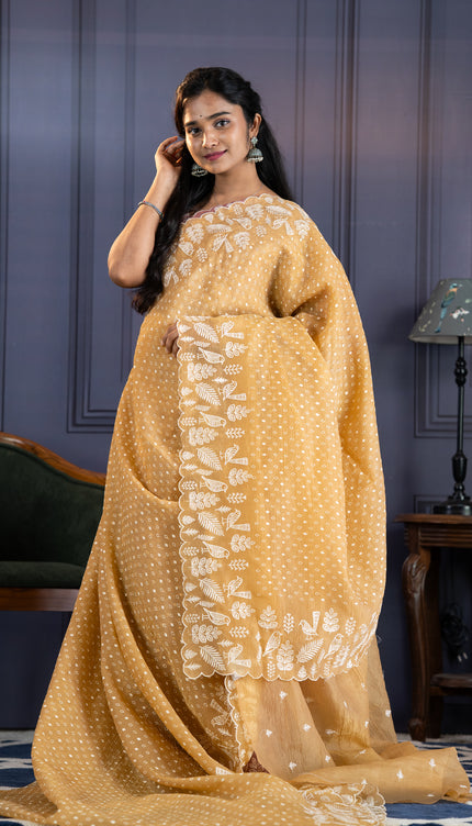 Soft Crush Tissue Saree With  Thread Embroidery Work and Scallop Border- Tan