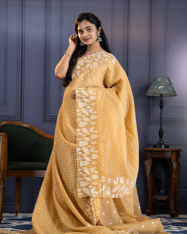 Soft Crush Tissue Saree With  Thread Embroidery Work and Scallop Border- Tan