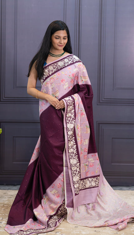 Tusser Silk Parce Work Border - Wine