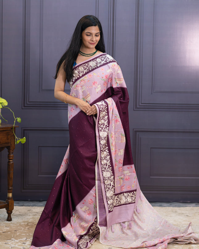 Tusser Silk Parce Work Border - Wine