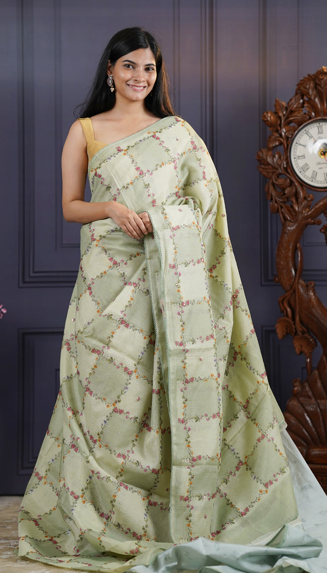 Kota Silk Saree with Floral Print and Knot Work- Pista Green