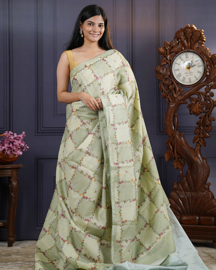 Kota Silk Saree with Floral Print and Knot Work- Pista Green