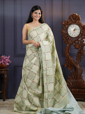 Kota Silk Saree with Floral Print and Knot Work- Pista Green