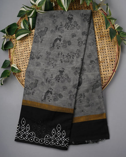 Chanderi Silk Floral Print With Contrast Border - Grey