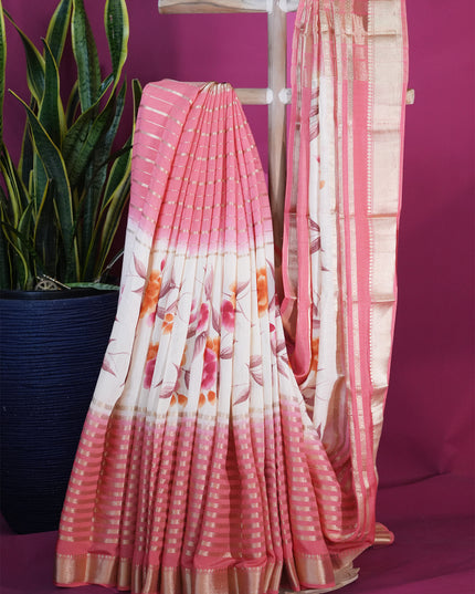 Munga silk Saree with Centre print horizontal Zari lines - orange