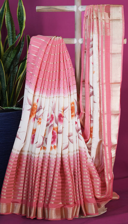 Munga silk Saree with Centre print horizontal Zari lines - orange