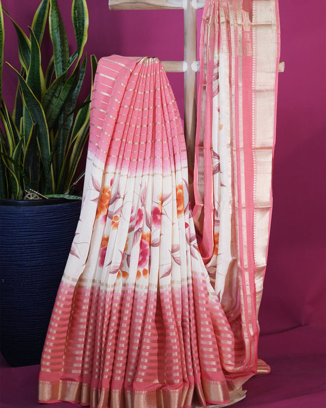 Munga silk Saree with Centre print horizontal Zari lines - orange